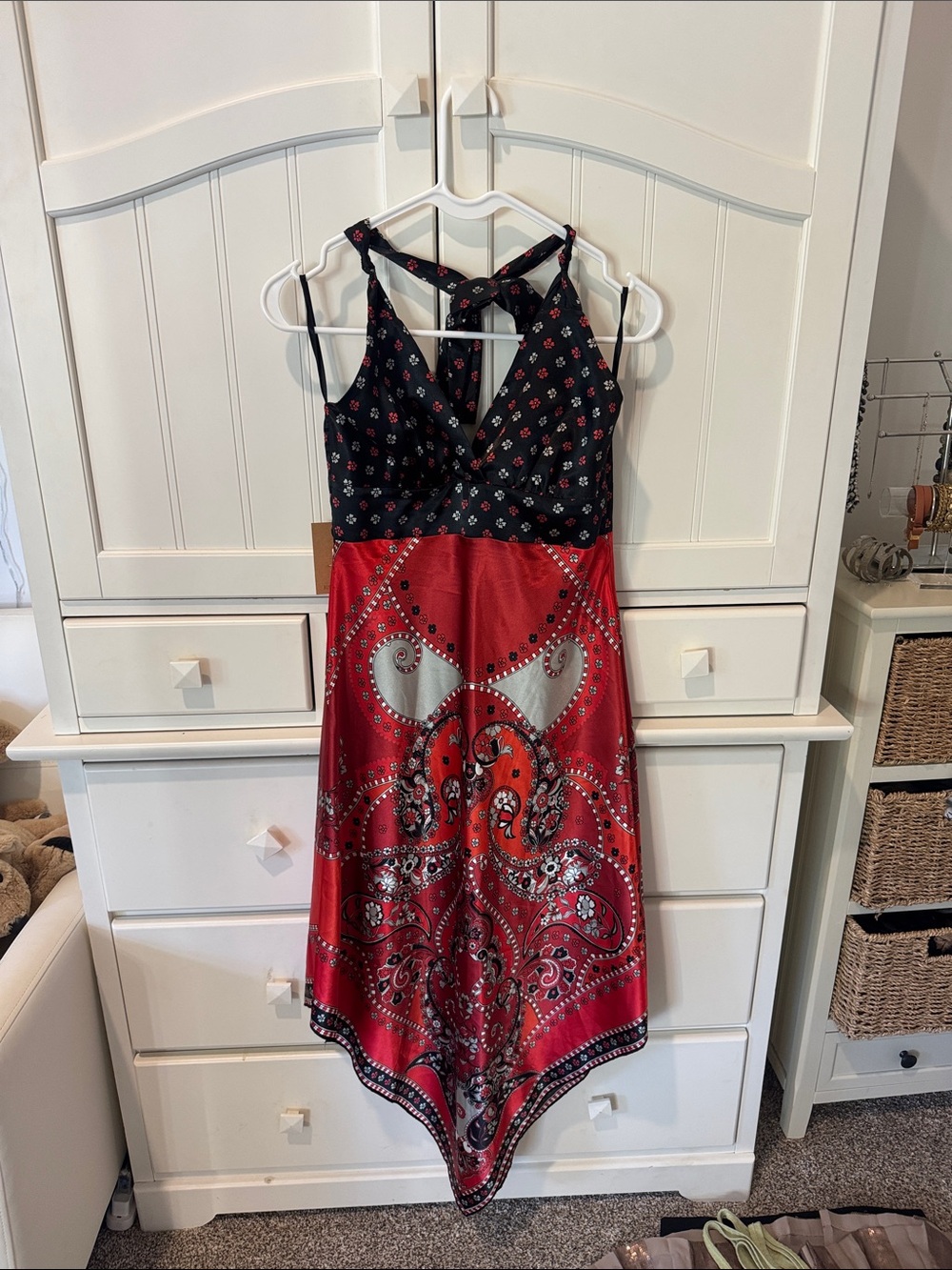 Black & Red Paisley Midi Dress with Handkerchief Hem
